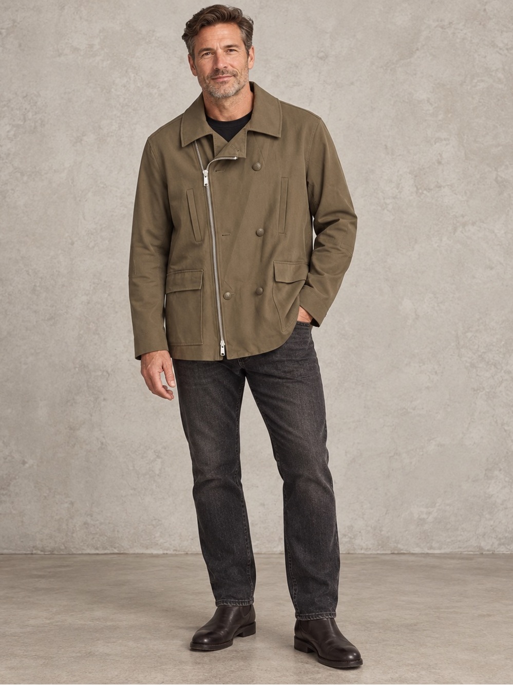 Vince Men’s XL Olive Cotton Military Field Jacket Asymmetrical Zip